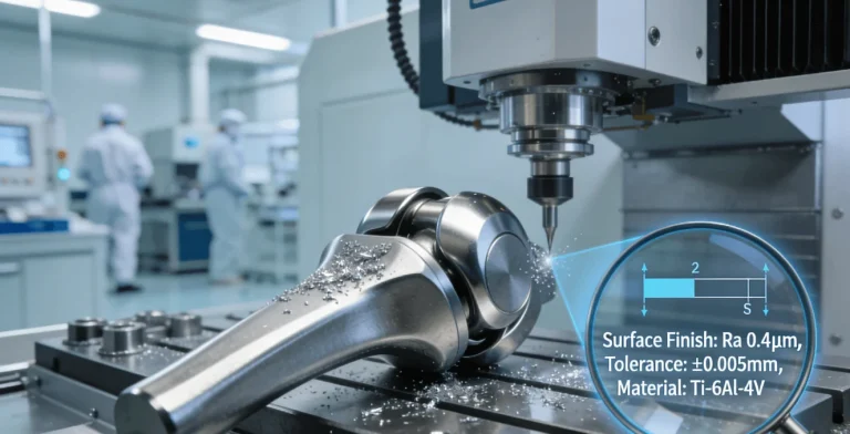 Close-up of a titanium alloy knee implant being machined on a 5-axis CNC center, highlighting micron-level precision for medical devices.