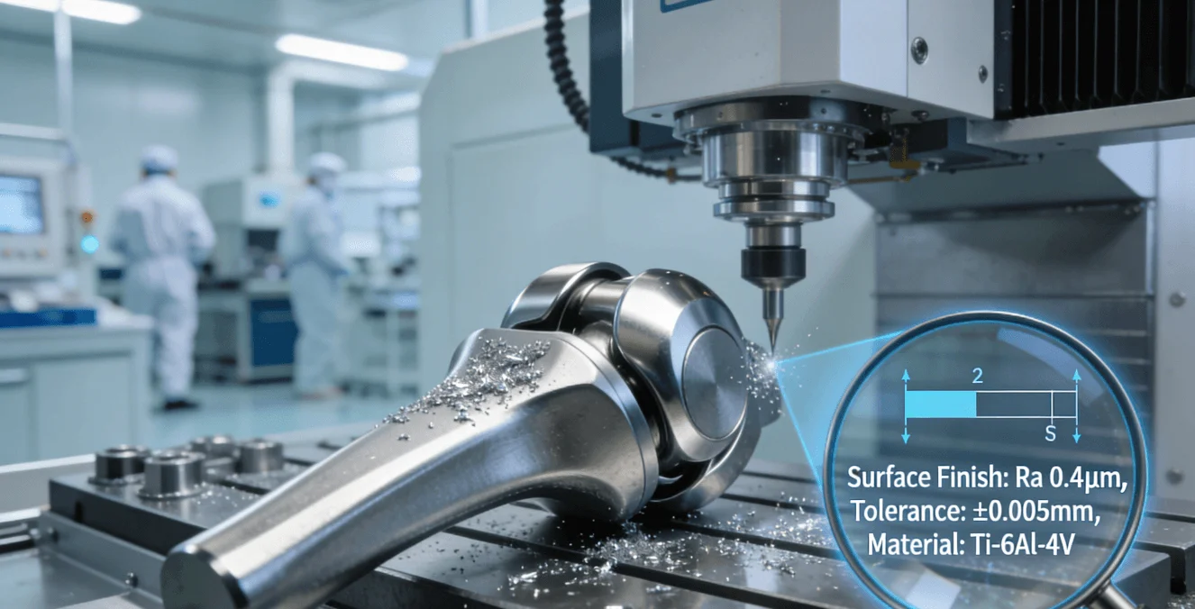 Close-up of a titanium alloy knee implant being machined on a 5-axis CNC center, highlighting micron-level precision for medical devices.